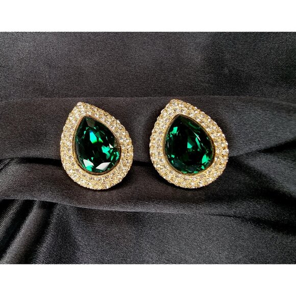 Rare Find Vintage CINER Signed Emerald Clear Crystal Rhinestones Teardrop Clip O - Picture 1 of 5